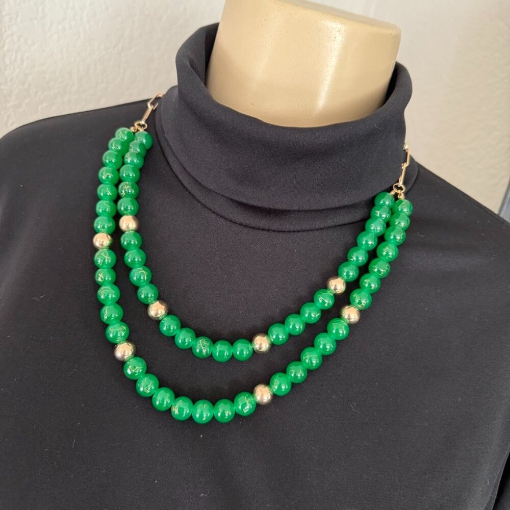 #3 garden party jewelry / 22" long necklace gold metal and green glass bead